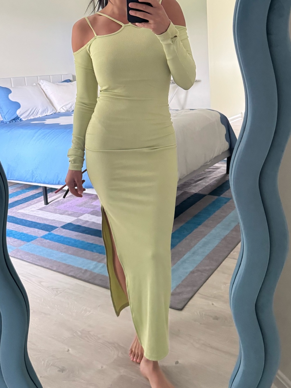Cold-Shoulder Ribbed Maxi Dress in Sage Green